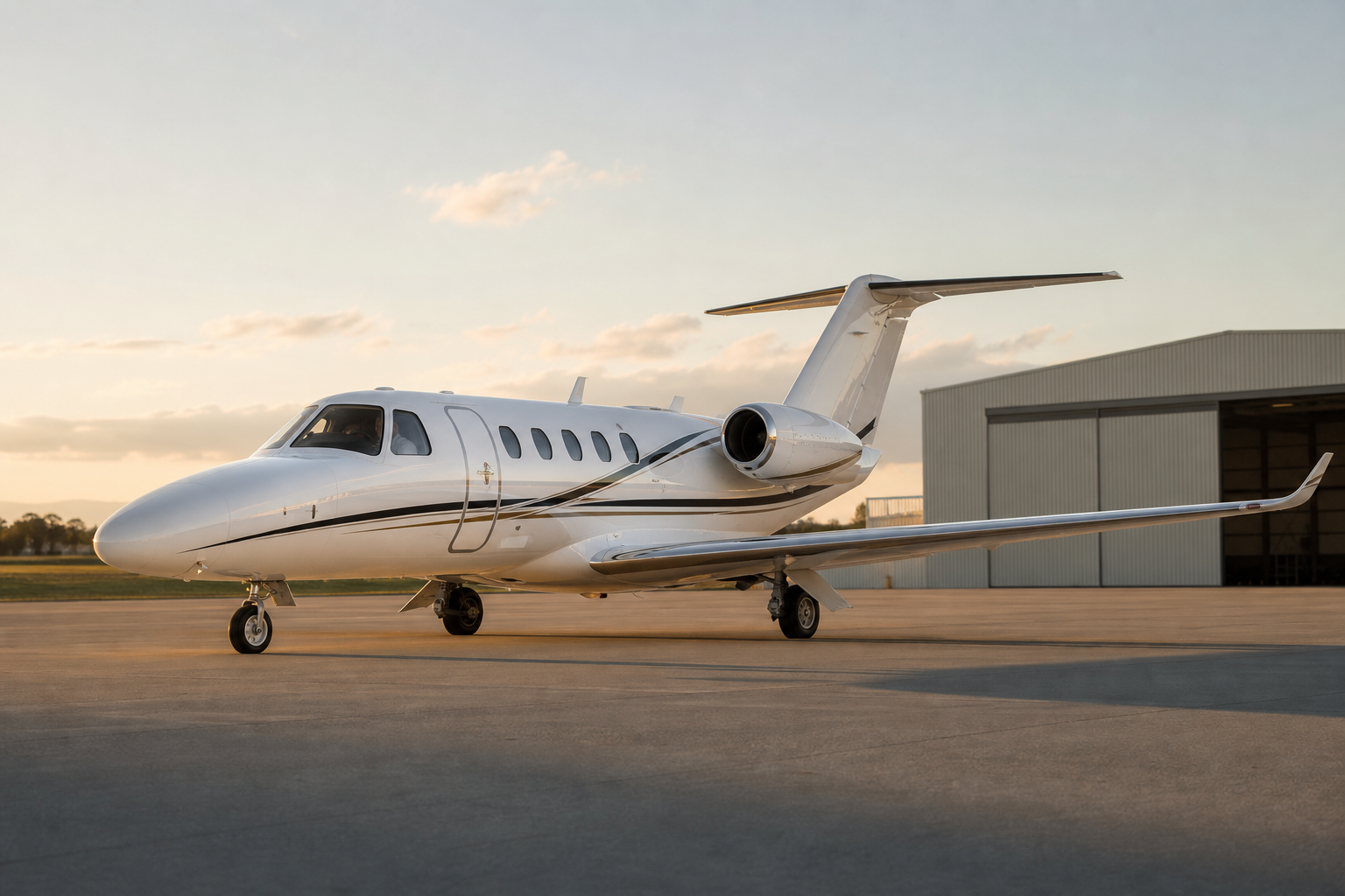 Light private jet on an executive ramp