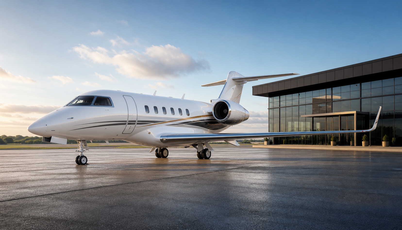 Midsize private jet on an executive ramp