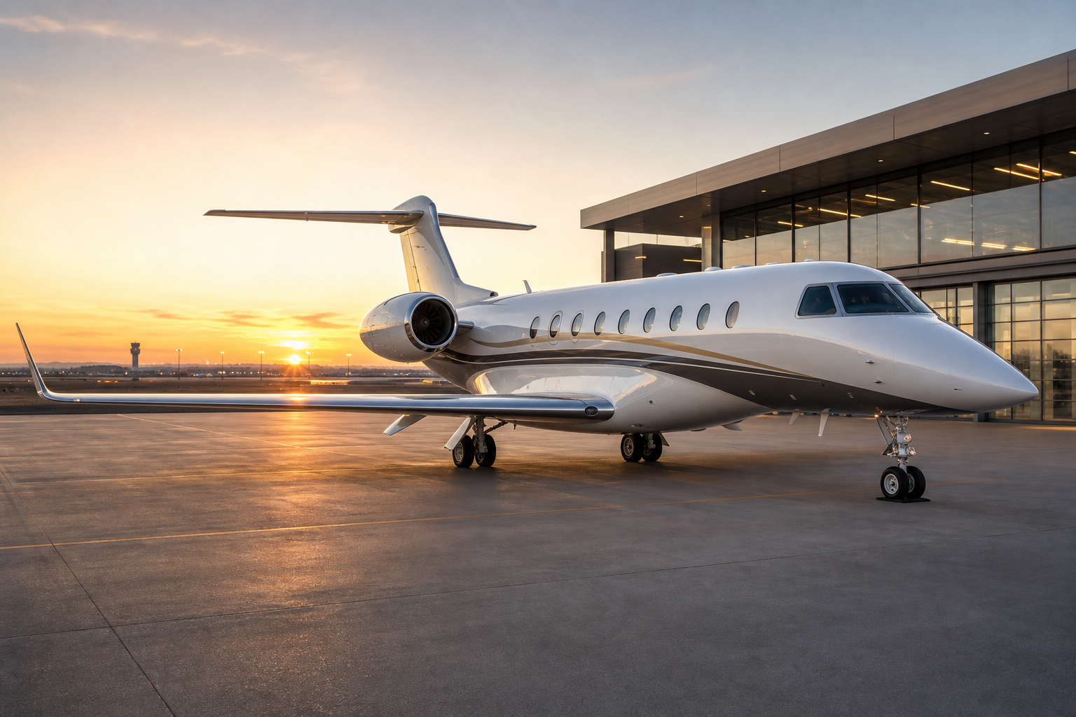 Super midsize private jet on an executive ramp